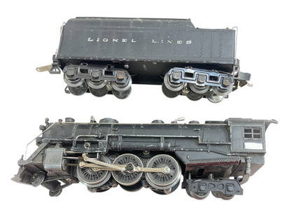 Clean 1940 Lionel 226E Steam Loco: Nice 2-6-4 steam loco with bright rods, wheels turn freely, slight tweak to cab corner; 2226WX cast whistling tender, HBC. They show light play wear.