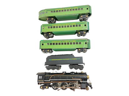 American Flyer 1681 Streamline Set: 1938. Includes a nicely restored 1681 Hudson with cast tender; 3-1621G Pullmans; 1622G Observation. There are a few touch-up spots on cars that shows moderate play wear.