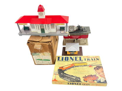 4pc Postwar Accessories Lot: Includes a Partial 50 Lionel Paper Train, 2 full track sheets. tie sheet, Loco, Tender & Caboose sheets, accessory sheet, instructions with partial wheels sheet, nice box; Boxed Noma Station,complete