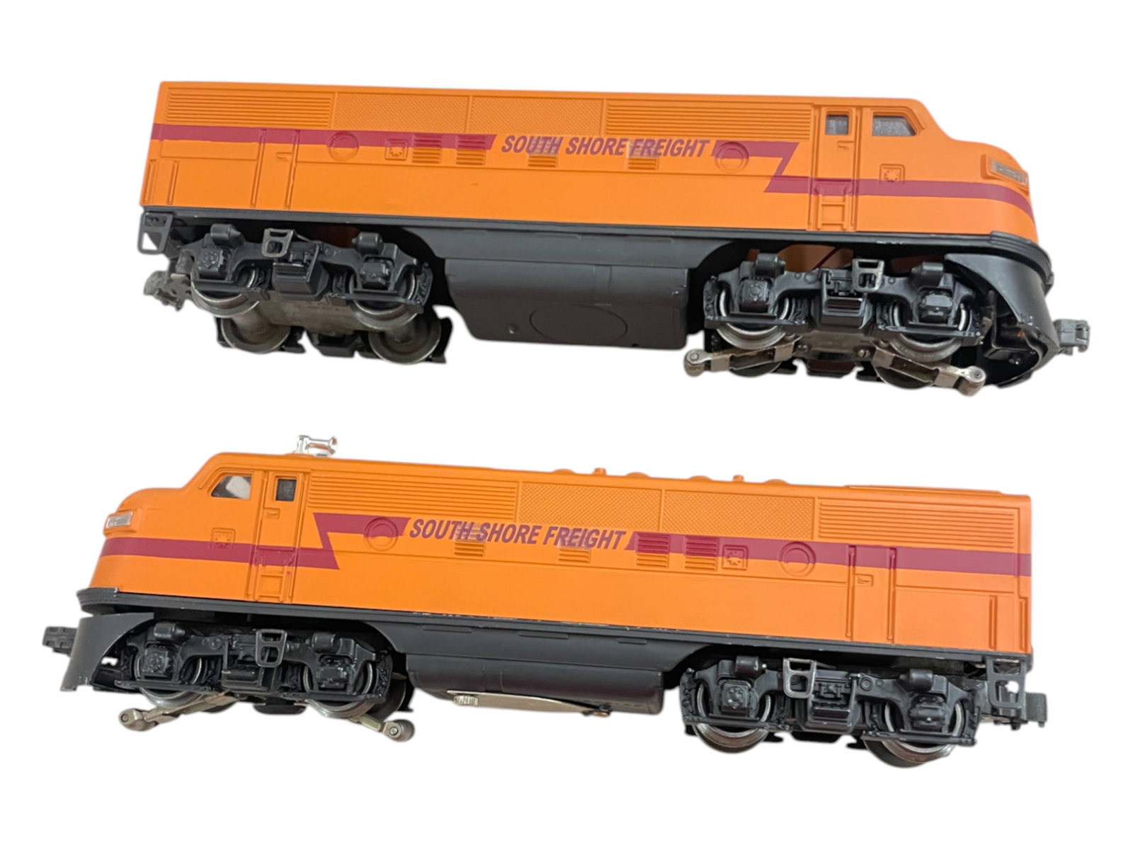 Custom Painted Lionel South Shore Freight F3: It incorporates a dual motor F3 with clean battery box with matching non -powered unit. Pro paint job.