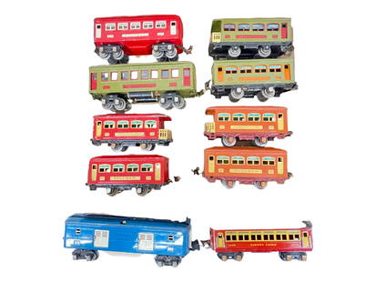 10 Assorted Lionel Passenger Cars: Includes a (1938)2615 Blue Comet Baggage, showing moderate play wear; (1931)529 & 530 terra-cotta; (1932)629/630 red; (1929)610 pullman olive/red; (1936)603 Pullman red; (1934) 1690 Pullman. Restshow
