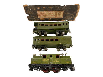 Boxed Ives 3241 Set 701: Standard Gauge. Nice clean set with a 3241 Center cab electric, olive with yellow lettering, 1/2? flake spot under pantograph on top, wheels turn freely; 171 Combine; 173 Observation. They arevery cle