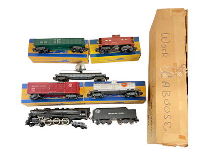 Boxed American Flyer Set 5208W: S Gauge. Includes a 325K NYC Hudson with air-chime whistle & controller; 931 T&P gondola; 926 Gulf Tank; 929 MP Stock Car; all with wrap & boxes; 634 Searchlight; Boxed 930 Caboose. All show verylight