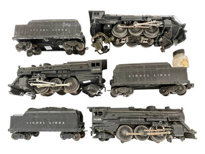 3 Lionel Whistling Steam Locos & Tenders: Includes a 224 with 2466W; 2-2025 with 2466WXs. All would benefit from a good cleaning and show moderate play wear.