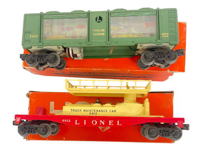 Scarce Boxed Lionel 3435 & 6812: Includes a 3435 Aquarium Car, scarce with gold lettering; 6812 Track Maintenance car, scarce cream on cream variation, missing one figure, both would benefit from a good cleaning, showing light play w