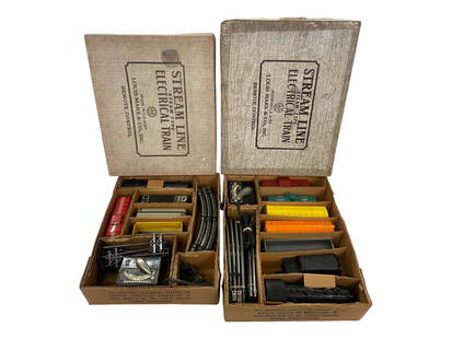 2 Nice Marx Steam Freight Sets: Includes an unusual 4935 with 3/16 Trucks with 400 loco, SP tender; Gondola, B&O Box, Scarce yellow SF stock Car; City Service Tank and SP caboose all near like new, track & transformer, inserts andse