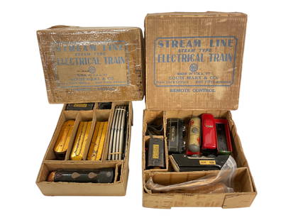 2 Boxed Marx Prewar Train Sets: Includes set (4083) Copper Mercury, with Mercury electric steam loco; tender; Chicago coach; Detroit Observation. Plating is bright, but oxidation spots throughout, track & transformerwith heavily tap