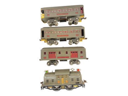 4pc Lionel 10E Passenger Set: Standard Gauge. Includes a 10E center cab electric, replaced headlights, wheels turn freely with pendulum reverse; 332 Baggage; 339 Pullman; 341 Observation. All have good lettering and setshows light