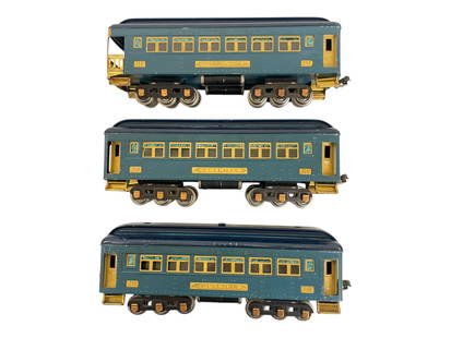 3 Nice Lionel 710 Passenger Cars: 1934. Includes 2 -710 Pullmans; 712 Observation in T-TONE blue. They came behind a 260E. They are clean with nice lettering, showing light play wear.