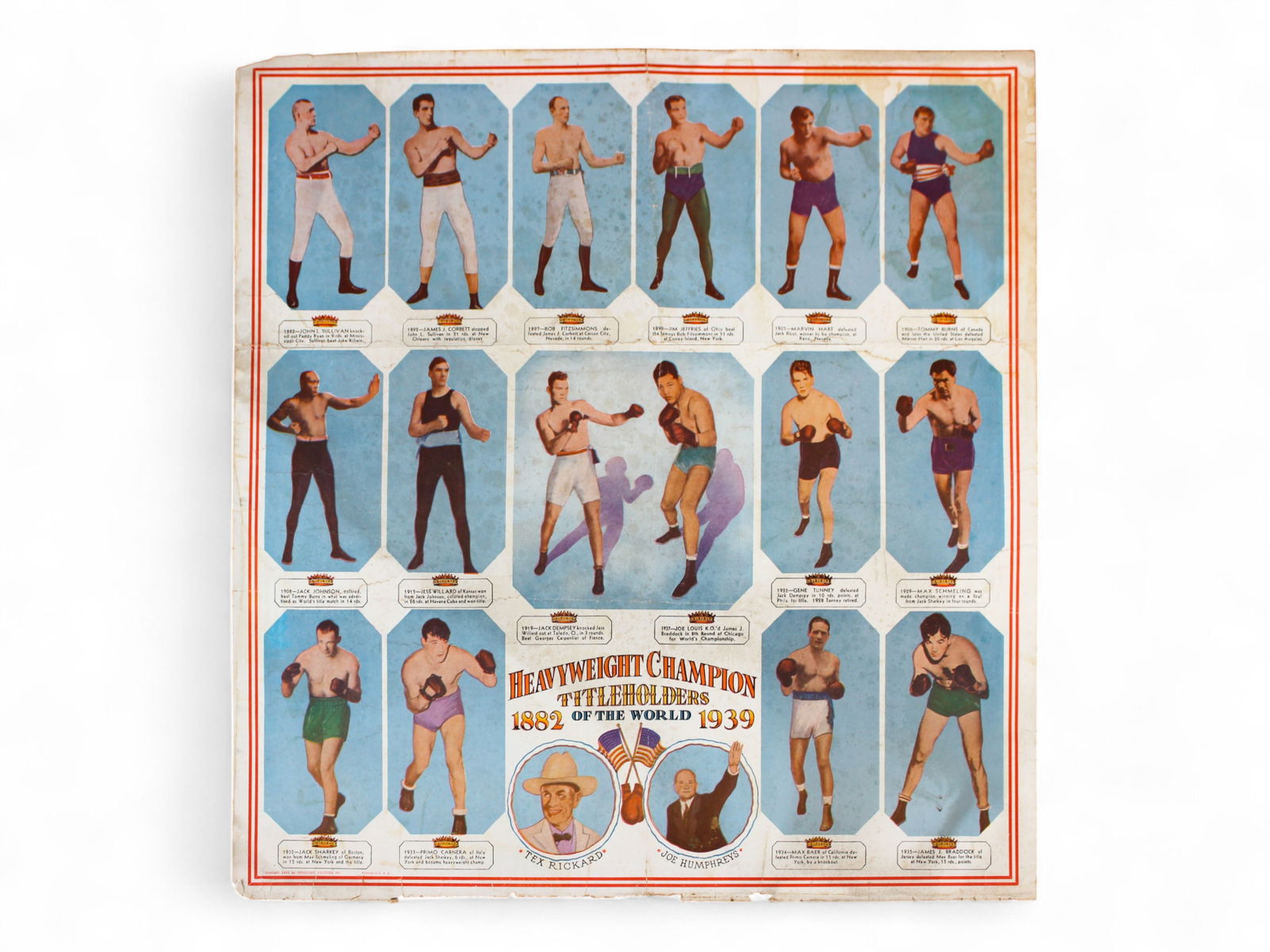 1939 Poster of Boxing Heavyweight Champions: Vintage 1882-1939 Boxing Heavyweight Champion Title Holders of the World poster. Features legends like John Sullivan, Jack Johnson, James Corbett, Jack Dempsey, Joe Louis, Gene Tunney, Max Schmeling,
