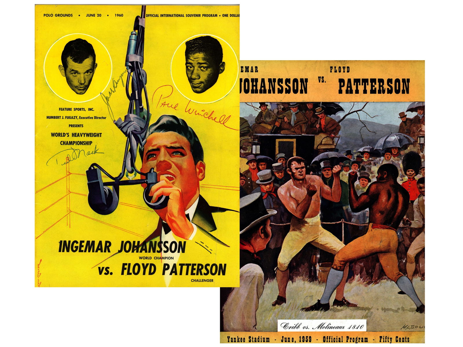 Patterson vs Johansson Signed Fight Program: June 20th 1960 Polo Grounds Fight Program signed by Jack Dempsey, Paul Winchell and Band Leader Ted Mack. In this the second fight between the two, Patterson regained his heavyweight title with a 5th