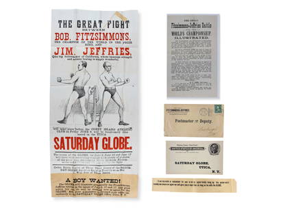 1899 Fitzsimmons vs. Jeffries Fight Poster Set: On June 9, 1899, World Heavyweight Champion Bob Fitzsimmons defended his title against undefeated challenger Jim Jeffries at the Coney Island Athletic Club in Brooklyn, NY. Jeffries, the younger and s