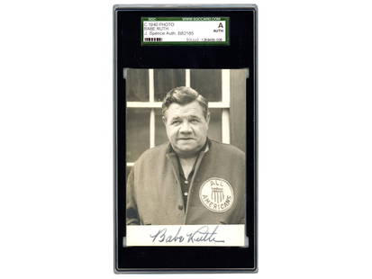 Babe Ruth Signed Photo c.1940 JSA/SGC: Vintage signed photo of Babe Ruth in his All-American Baseball Team jacket, circa 1940. Boldly signed in blue ink beneath his portrait. Authenticated and encapsulated by SGC with JSA authentication. P