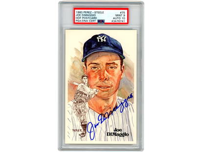 1980 Joe DiMaggio Signed Perez-Steele Postcard: PSA/DNA Certified, Mint 9, Auto 10. This example is part of the Perez-Steele limited edition postcard series and is signed in blue fiber-tip marker.