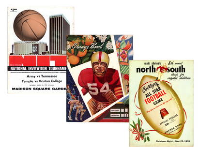 (9) Vintage College Sports Programs 1943-54: Lot of (9) vintage college basketball and football programs, featuring historic tournaments and games played at Madison Square Garden, Boston Garden, and major bowl venues. Includes: 1969 32nd Annual