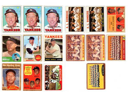Mickey Mantle Topps Card Group (16 Cards): Lot of 16 Mickey Mantle Topps cards from 1961 to 1968, mostly in mid to lower grade. Includes 1961 Topps: #44 "Mantle Hits 565 Ft. Home Run" and #228 "Mantle Blasts 565 Ft. Home Run"; 1962 Topps: #53