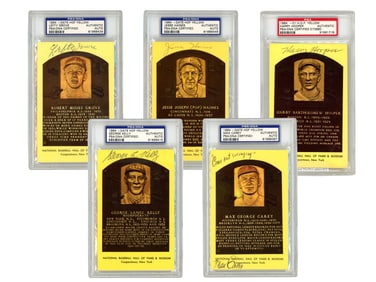 (5) Signed Yellow HOF Plaque Postcards, PSA/DNA