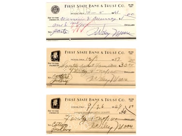 (5) Signed Baseball Checks - Moore, Hoyt, Sewell