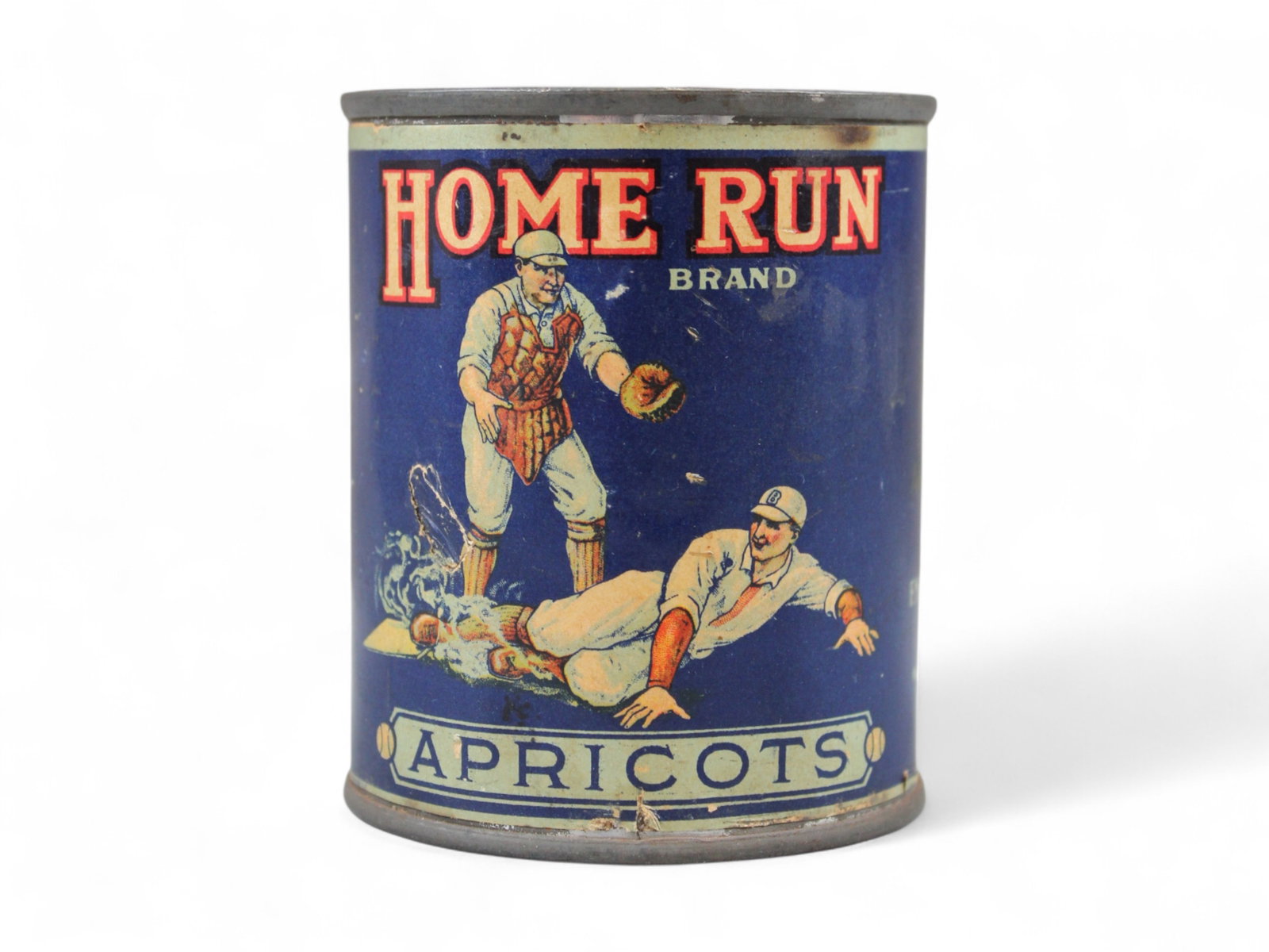 Vintage Home Run Brand Apricots Tin Can: Unusual, early paper label (over tin) product can for Home Run brand apricots (F. M. Ball & Co. San Francisco, California) featuring great early baseball image on front, w/ colorful apricot pictured o