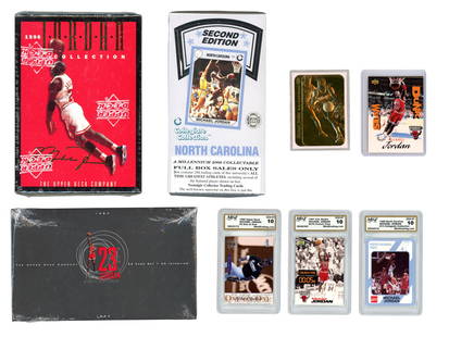 Michael Jordan Card Collectors Group: Michael Jordan collector's lot including a mix of sealed boxes and individual cards. Includes: Collegiate Collection Second Edition sealed box, 1996 Upper Deck Jordan Collection sealed box, 1993 23 Ni