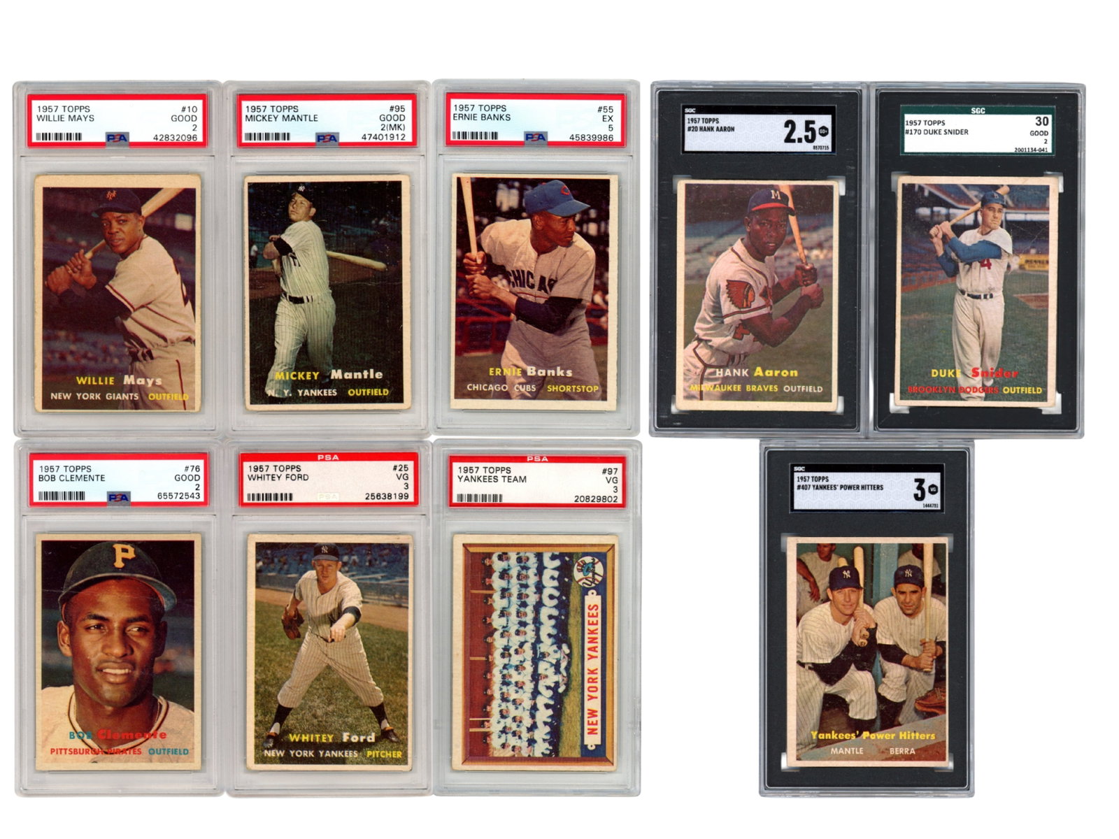 (9) 1957 Topps Baseball Graded Cards, HOFers: 1957 Topps Baseball graded lot includes key Hall of Famers: Ernie Banks #55 (PSA 5), Yankees Team #97 (PSA 3), Willie Mays #10 (PSA 2), Whitey Ford #25 (PSA 3), Mickey Mantle #95 (PSA 2 MK), Roberto C