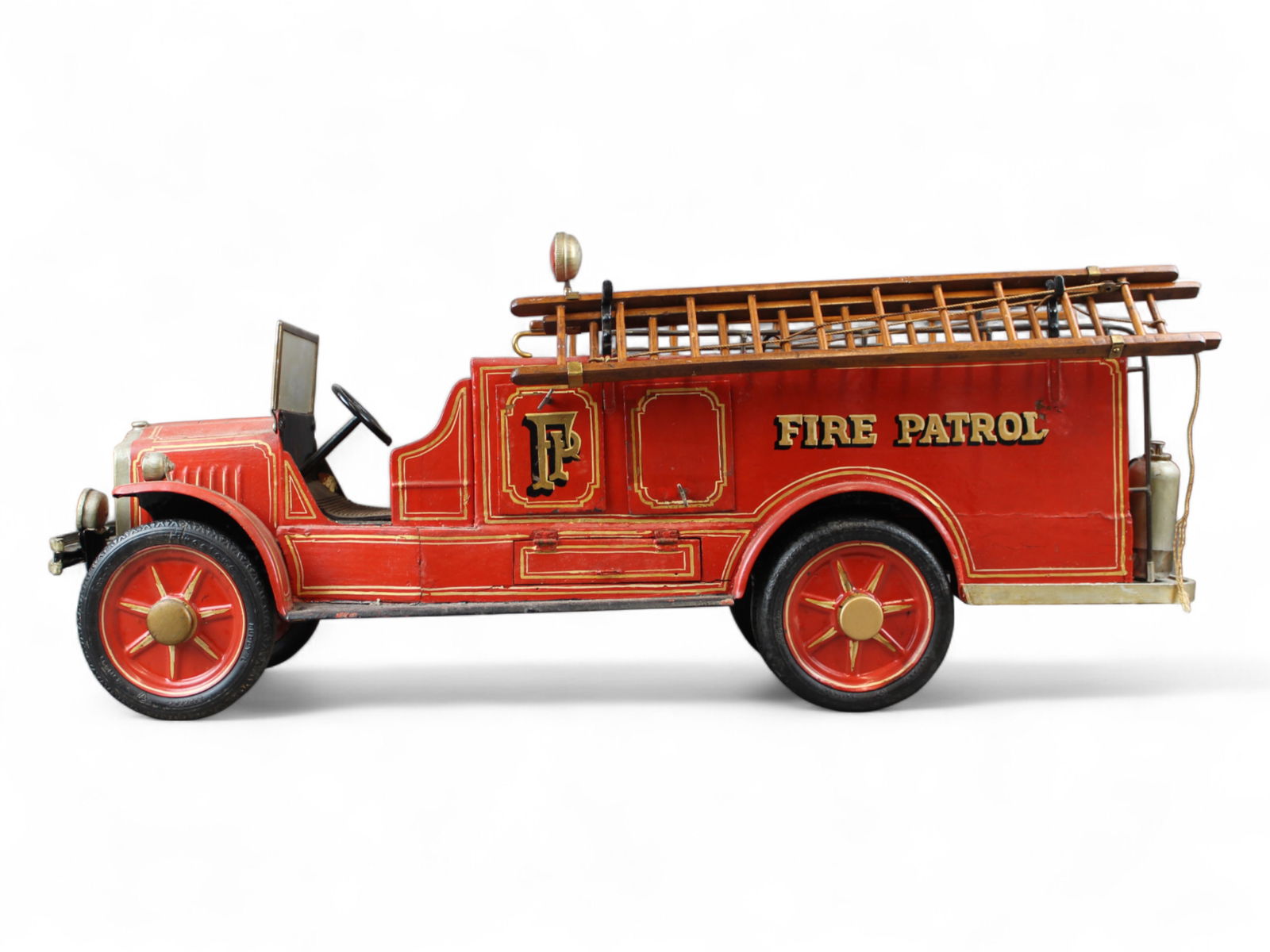UNIQUE 1930s NYFP Presentation Fire Truck: Reputed to have been presented to the Patrol Division Chief after they resigned with their Insurance Company in the 1930s. It is Custom modeled on a Buddy L frame with added details like realistic woo