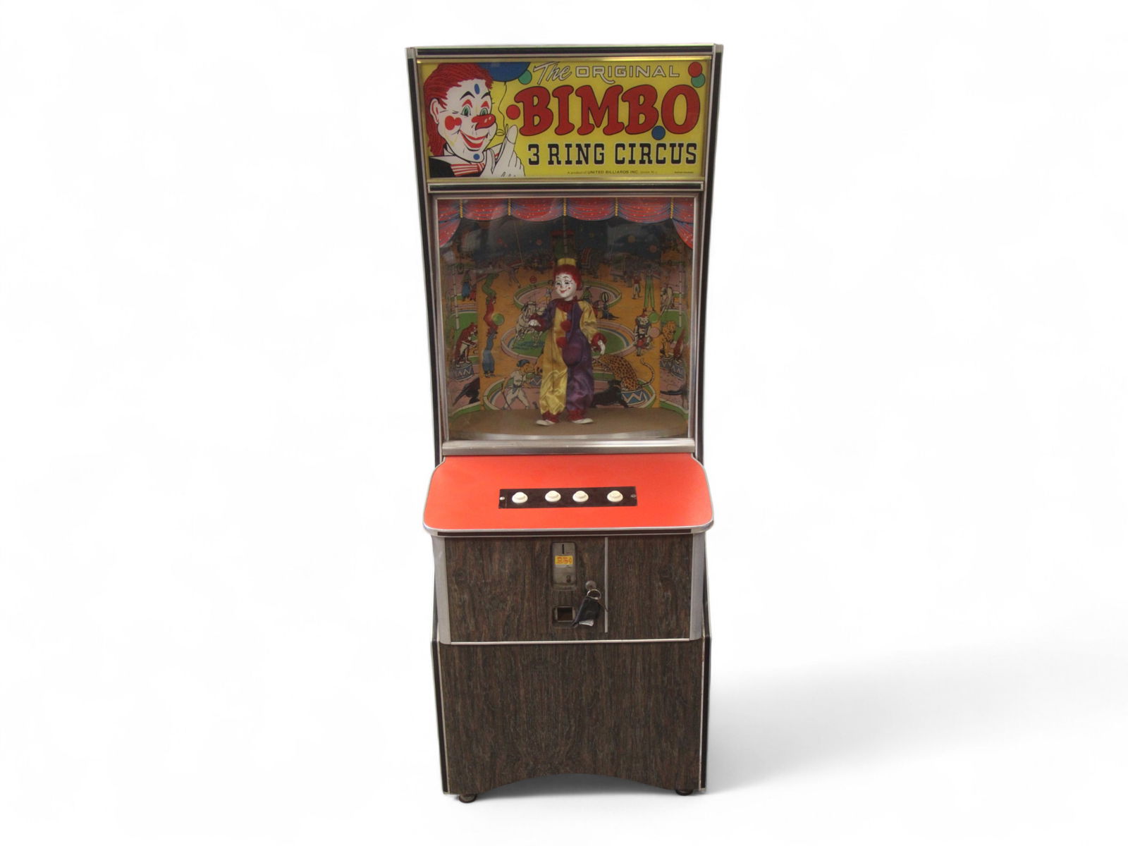 The Original Bimbo 3 Ring Circus Arcade Machine: "Bimbo 3 Ring Circus" animatronic arcade machine by United Billiards Inc., circa 1981. Features a colorful circus backdrop and mechanical clown figure "Bimbo" that animates via four-button control pan