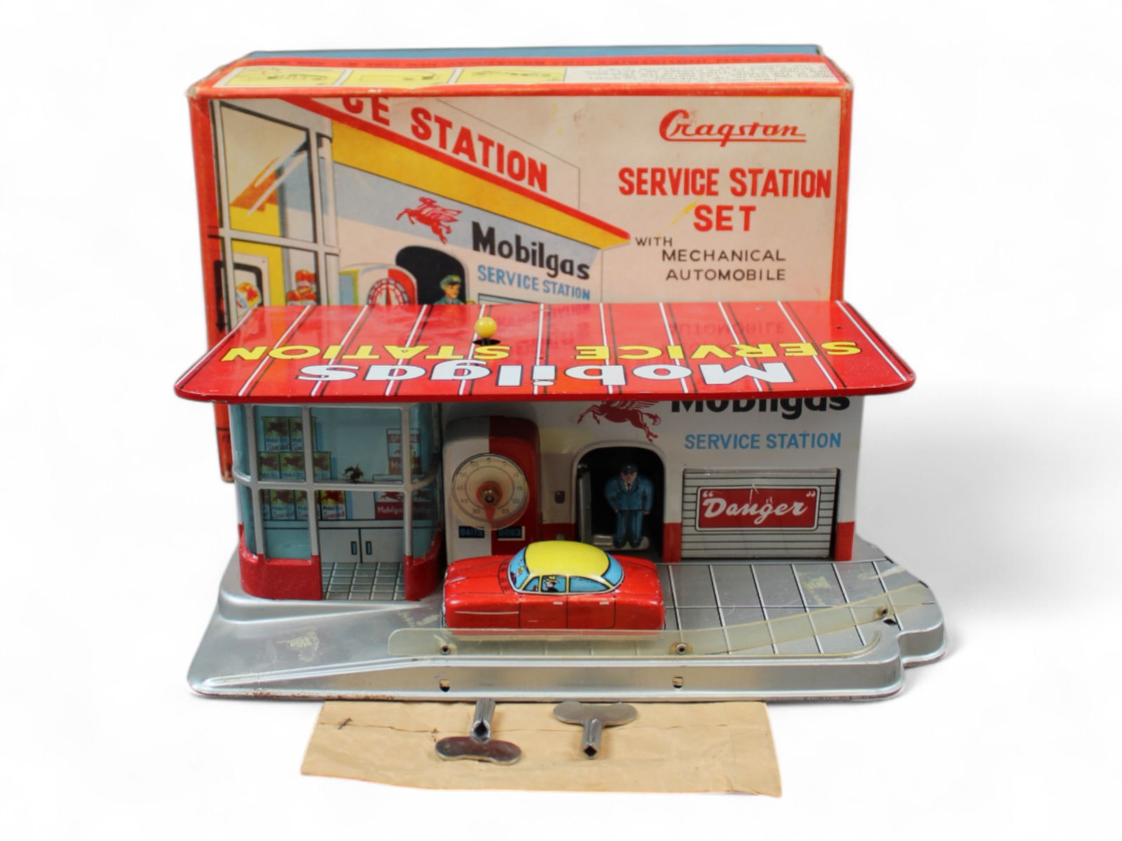 Boxed Cragstan Tin Litho Service Station Set (1 of 10)