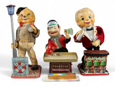 (3) Vtg Battery Op Toys, Bartender, Crapshooter