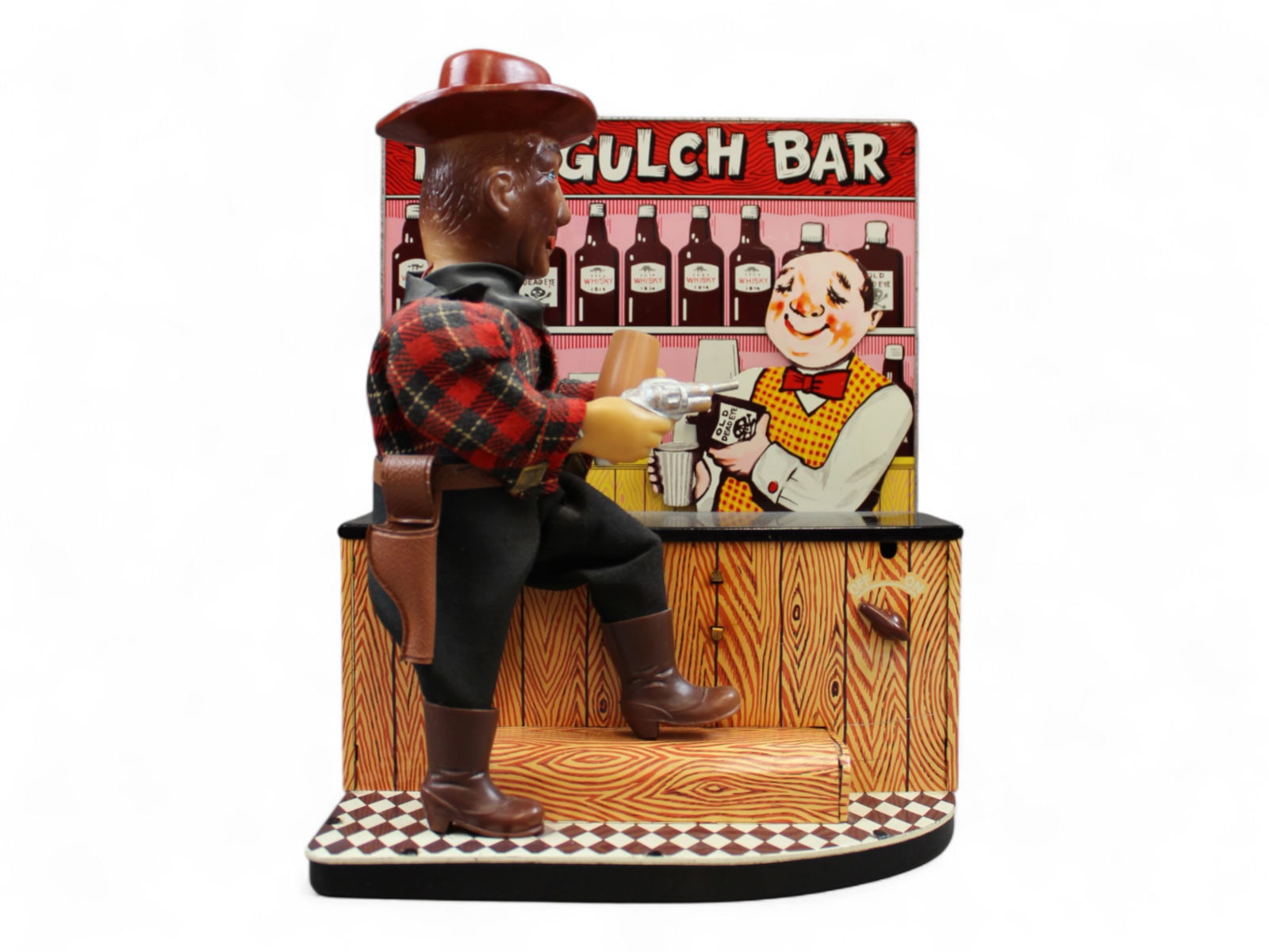 Battery Operated Red Gulch Bar, Japan: Japanese, "Red Gulch Bar" tin lithographed battery operated toy. Intricate and scarce toy in which bartender moves back and forth pouring a drink for a western cowboy. Cowboy is made of vinyl and tin.