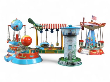 Lot of (5) Tin Litho Mechanical Carnival Ride Toys
