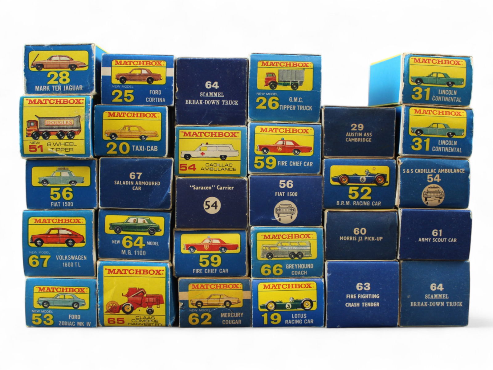 (29) Vintage Matchbox Vehicles in Original Boxes: Nice mixed lot of Vintage Matchbox Vehicles, all in original boxes. Majority of the vehicles all show playwear with paint scuffs and scratches, and boxes also show wear. Some with tears, creases, torn