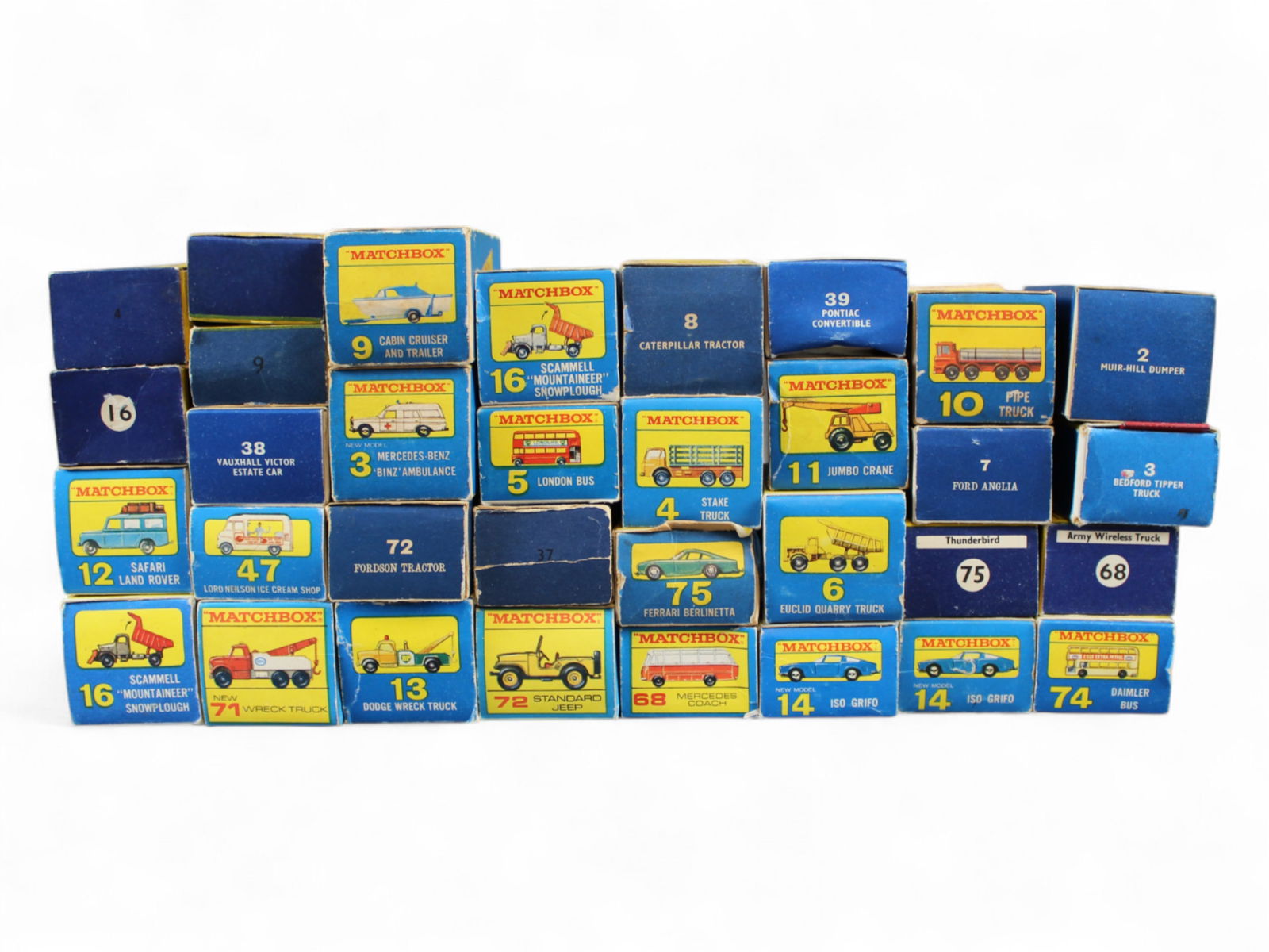 (33) Vintage Matchbox Vehicles in Original Boxes: Nice mixed lot of Vintage Matchbox Vehicles, all in original boxes. Majority of the vehicles all show playwear with paint scuffs and scratches, and boxes also show wear. Some with tears, creases, torn