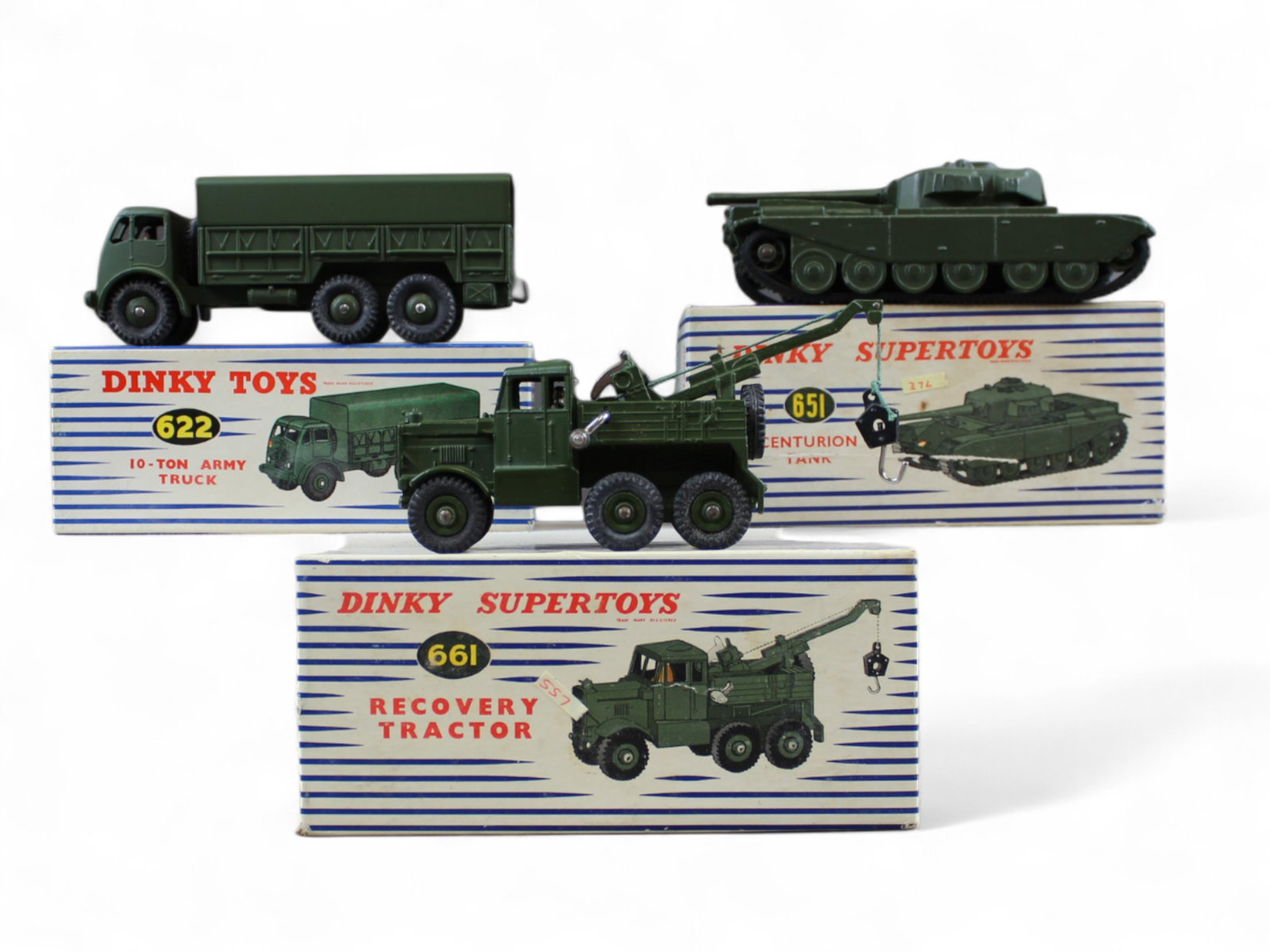 Boxed Dinky 661, 651 & 622: Includes a 661 Recovery Tractor; 651 Centurion Tank; 622 10-Ton Truck. They appear like new with better than average boxes.