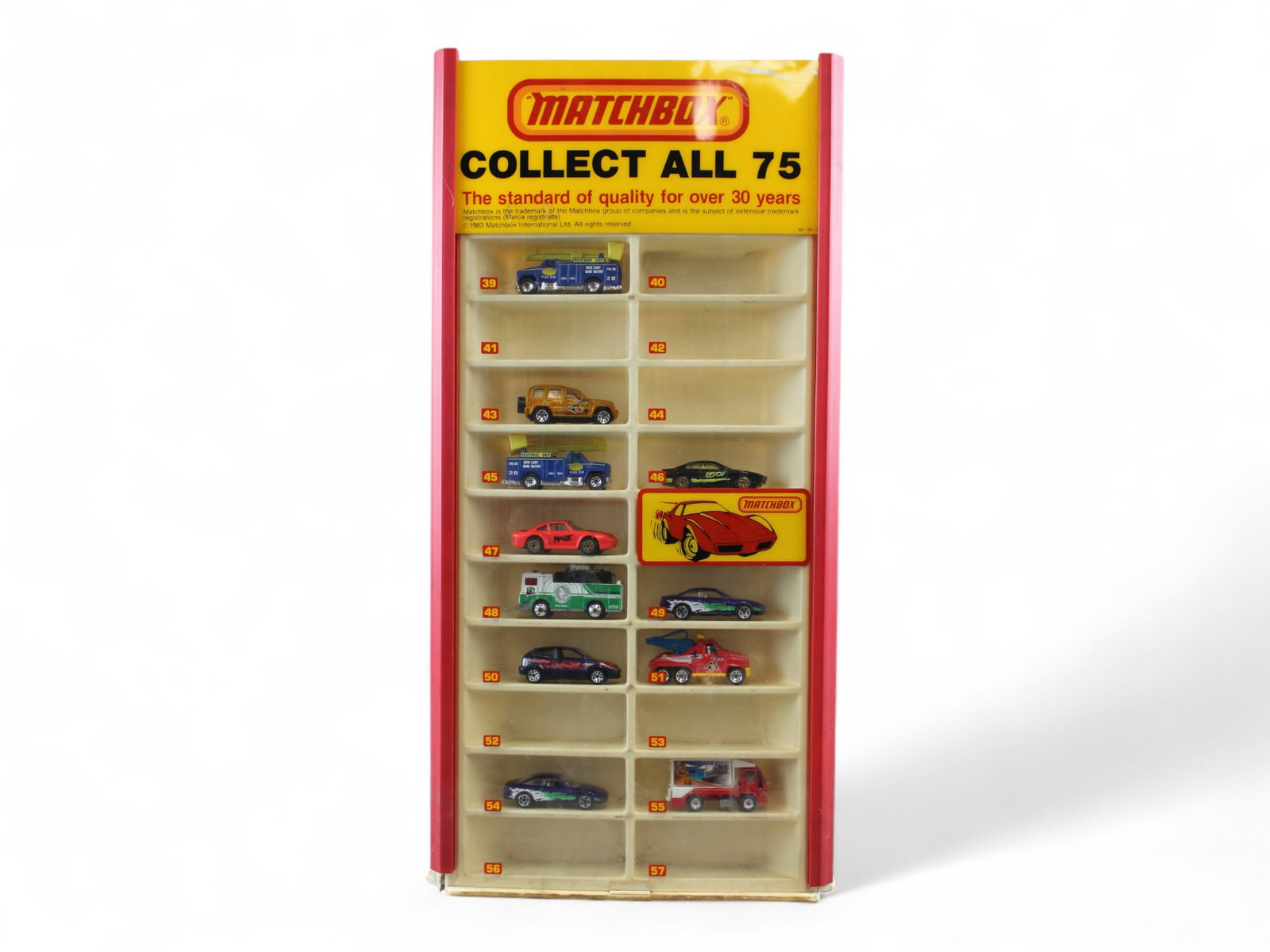 1983 Matchbox Counter Display: 11 X 11 X 24". Plastic. All clear sides are intact, no visible cracks on car support backing, just dirty. It is missing it?s top. There are 43 cars of various ages, some boxes inside, several duplicat