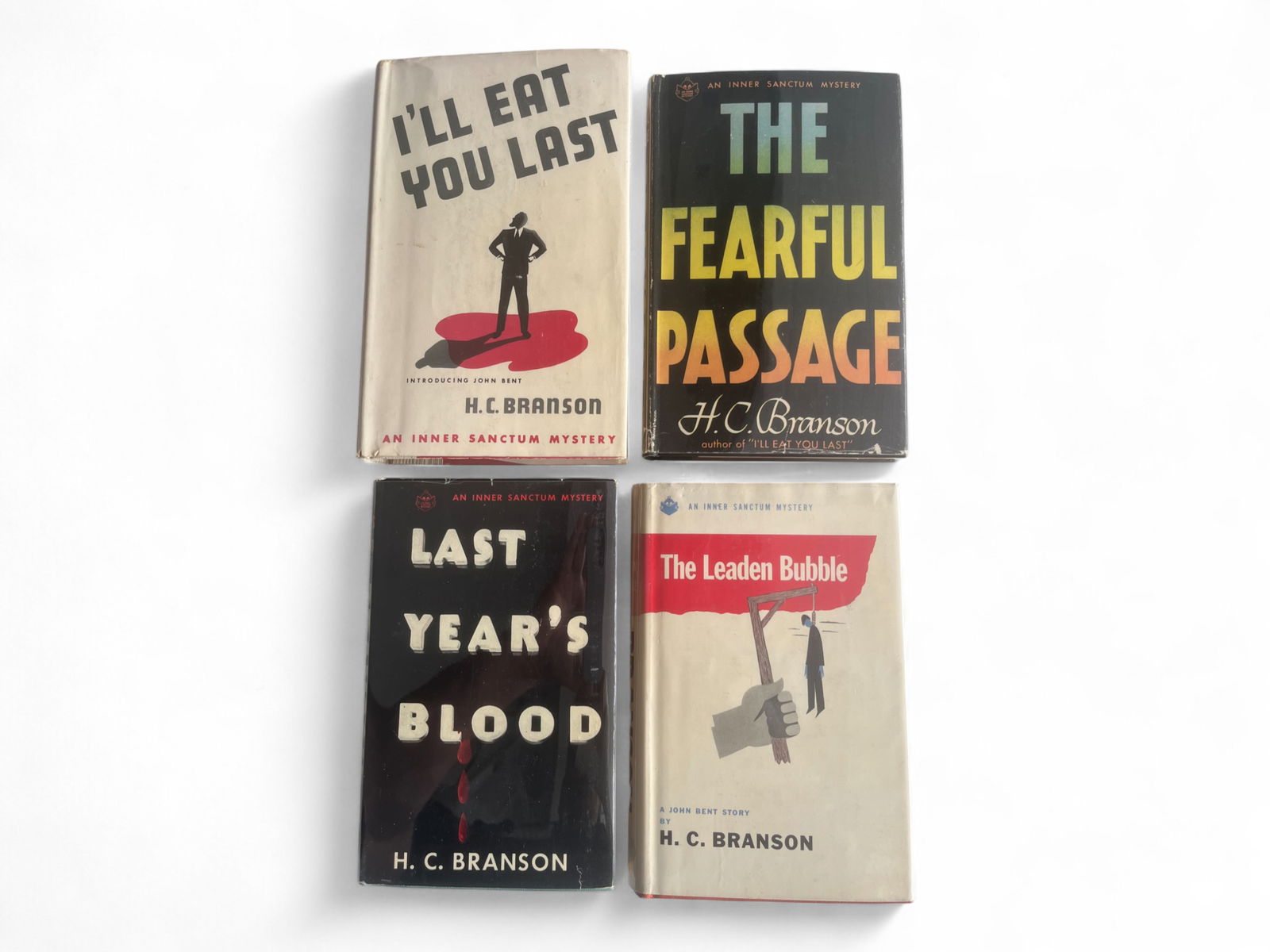 (4) H.C. Branson U.S. 1sts in DJs: Four U.S. first editions by H.C. Branson: Last Year's Blood, The Fearful Passage, I'll Eat You Last, and The Leaden Bubble. All in original dust jackets, VG to fine condition. From the Otto Penzler Co