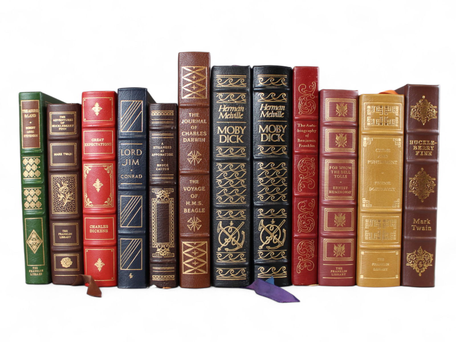 (12) Franklin & Easton Press Books: Collection of 12 leather-bound classics from Franklin Library and Easton Press, all unsigned editions. Titles include Moby Dick by Herman Melville (2 copies), The Adventures of Huckleberry Finn by Mar