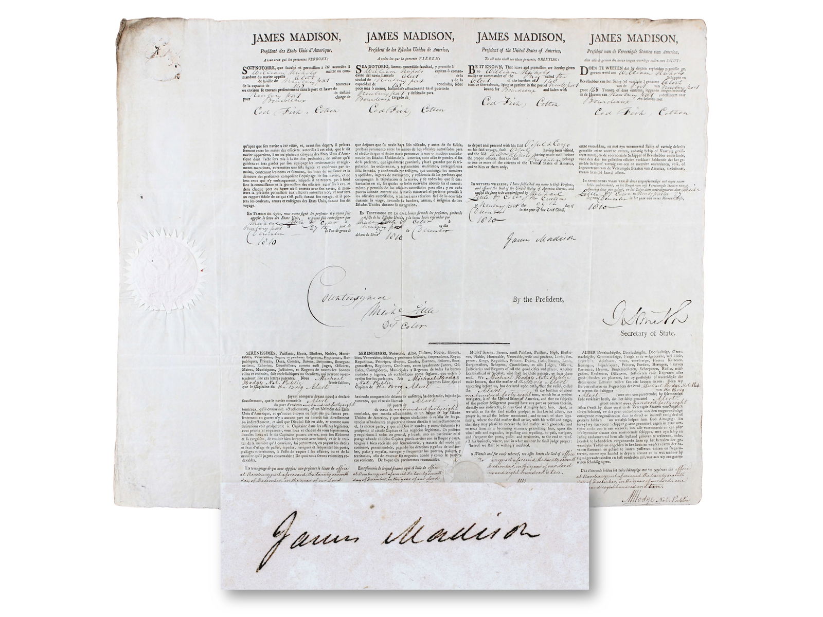 James Madison Four-Language Ship's Passport: Impressive four-language ship's passport signed by James Madison as the 4th President of the United States and Robert Smith as Secretary of State. Issued in 1810, these documents served to identify Am