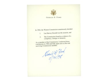 Gerald Ford Signed Warren Commission Letter