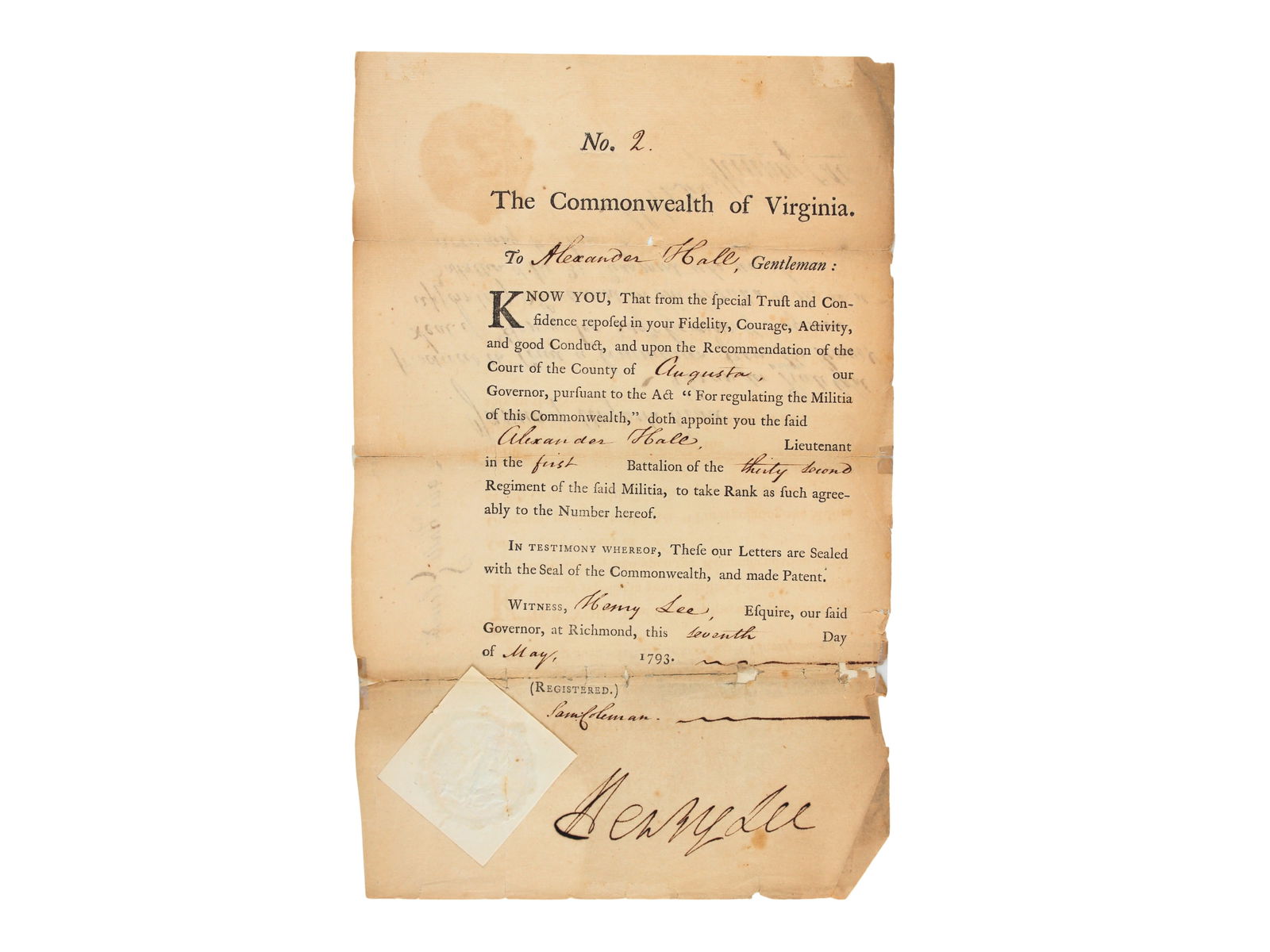 1793 Henry Lee Signed Virginia Militia Doc (1 of 2)