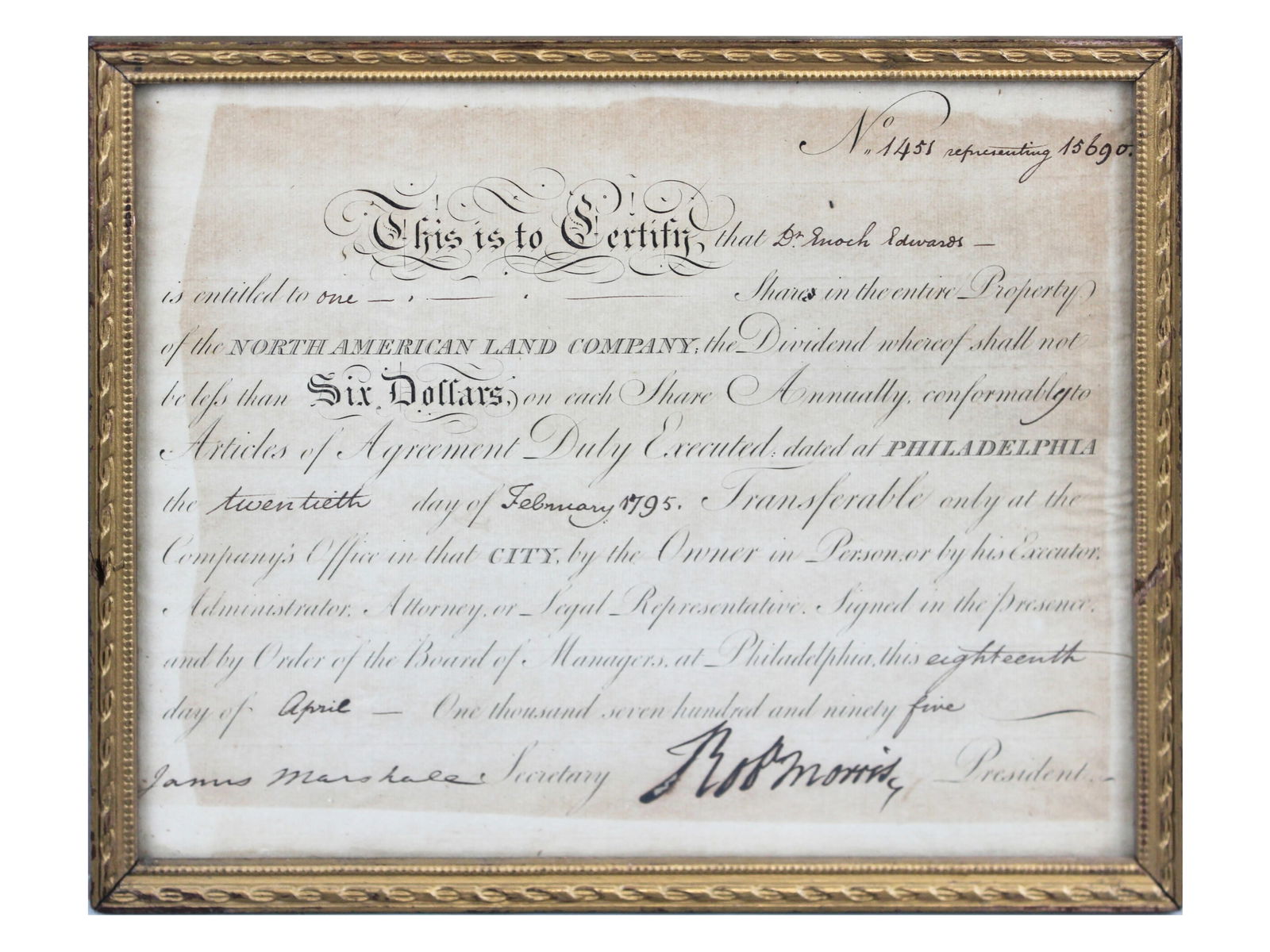 1795 Robert Morris Signed Document: One share stock certificate in the North American Land Company, dated February 20, 1795. Boldly signed by company president Robert Morris?Founding Father and financier of the American Revolution. Coun