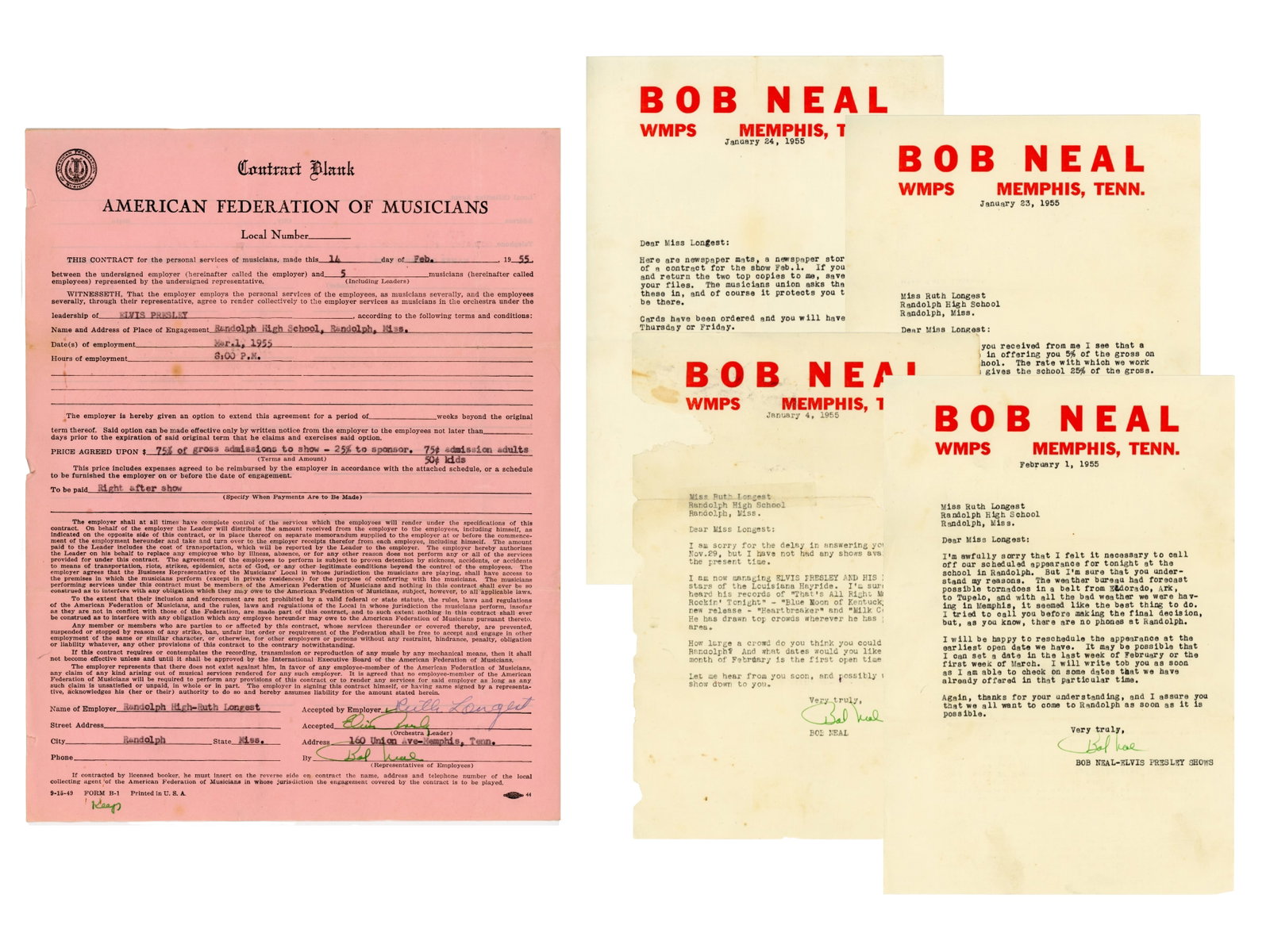 Elvis Presley Early Concert Contract, 1955: Historic early concert contract for Elvis Presley?s scheduled performance at Randolph High School in Randolph, Mississippi on February 1, 1955. The agreement, issued through the Memphis Federation of 