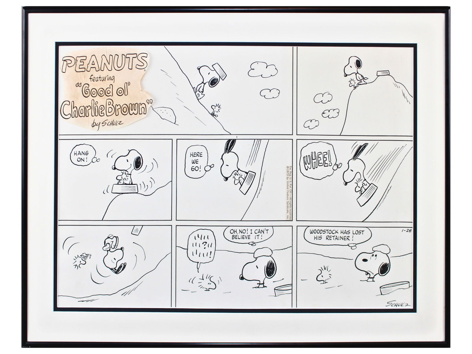 Charles Schulz Peanuts Sunday, 1/28/1973: Original Charles Schulz Peanuts Sunday comic strip, published January 28, 1973, featuring Snoopy and Woodstock. In this humorous sequence, Snoopy takes Woodstock for a sled ride, only for Woodstock to