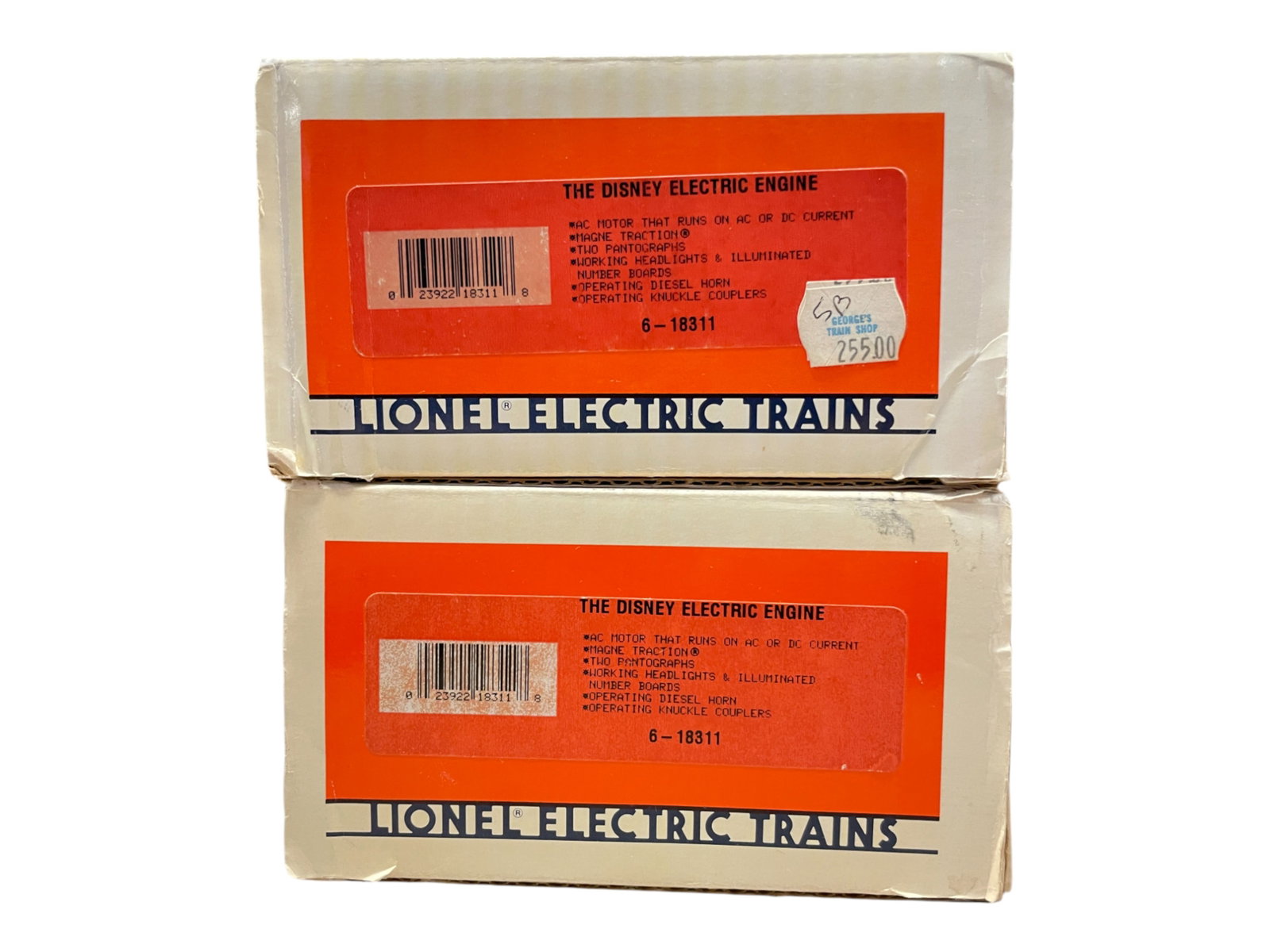 2 Lionel 18311 Disney EP5 Electrics: Nice double header set, both with lights and diesel horn. They show test run wheels with boxes.