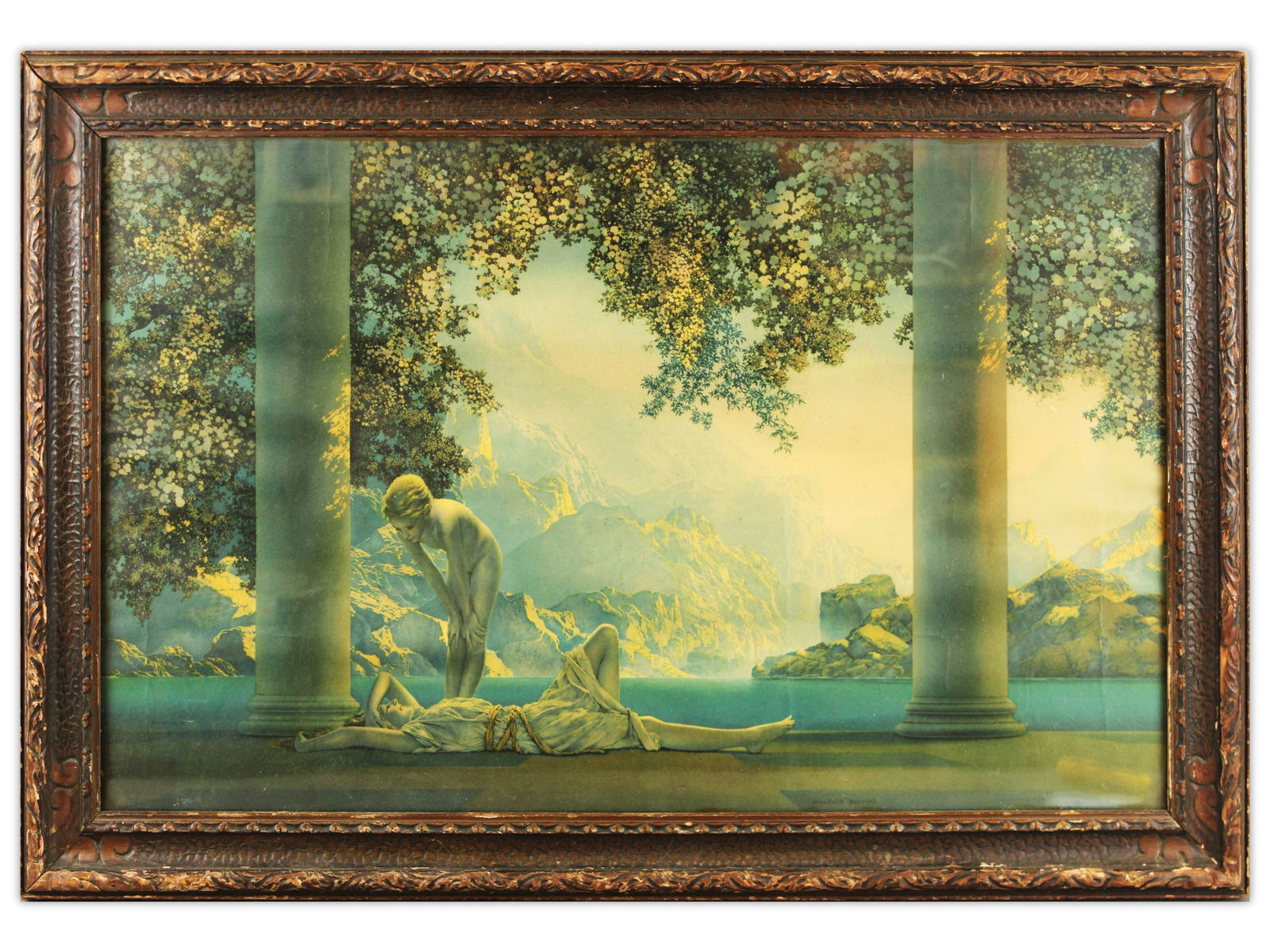Maxfield Parrish "Daybreak" Framed Print: Maxfield Parrish (American, 1870-1966) color print titled Daybreak, after the 1922 original painting. Depicts two classical female figures in an idyllic fantasy landscape with soft blue and golden ton