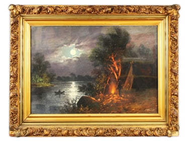 E. Hesse Mixed Media - Moonlit River Camp Scene