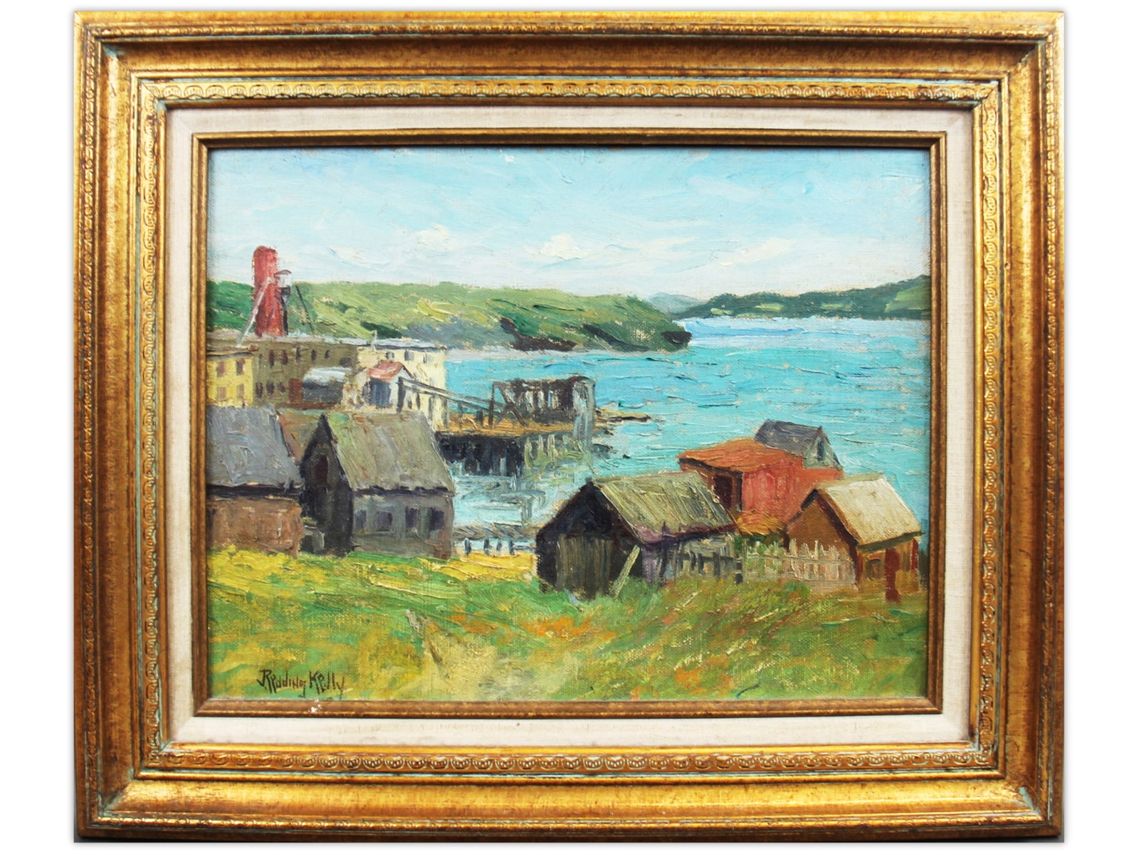 J. Redding Kelly Oil on Board, Harbor Scene: Oil on canvas board by American artist J. Redding Kelly (1870-1939), depicting a rustic harbor scene with fishing shacks and piers along a calm inlet. Signed lower left. Sight size 15-1/2 x 11-1/2 inc