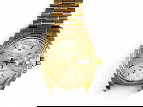 Rolex Day-Date 18K Gold Watch (1984): 18K yellow gold Rolex Day-Date Presidential wristwatch, serial number 8499159. Missing pin on one side of band; needs cleaning and servicing. Shipping: Weiss Auctions offers full-service, in-house shi