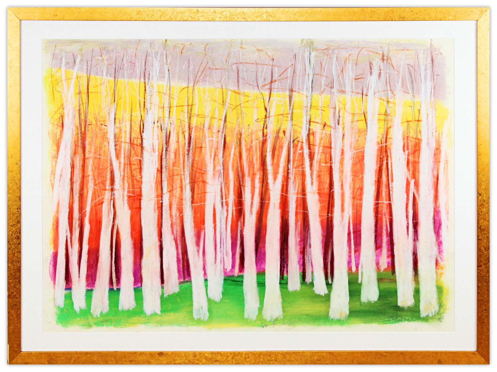 Wolf Kahn Untitled Signed Pastel on Paper: Wolf Kahn (American, 1927-2020), Untitled landscape, pastel on paper, signed lower right. A luminous forest composition featuring slender white tree trunks set against a radiant field of yellow, orang