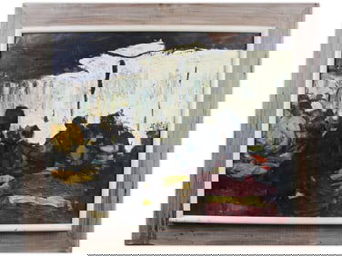 Abstract O/C Market Scene Painting, Signed J. Pang